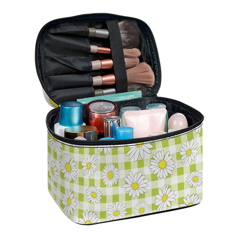 Green Tartan Daisy Pattern Print Travel Makeup Bag