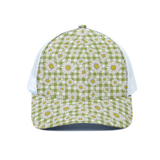 Green Tartan Daisy Pattern Print White Mesh Trucker Cap