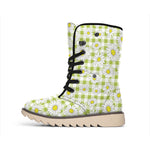 Green Tartan Daisy Pattern Print Winter Boots