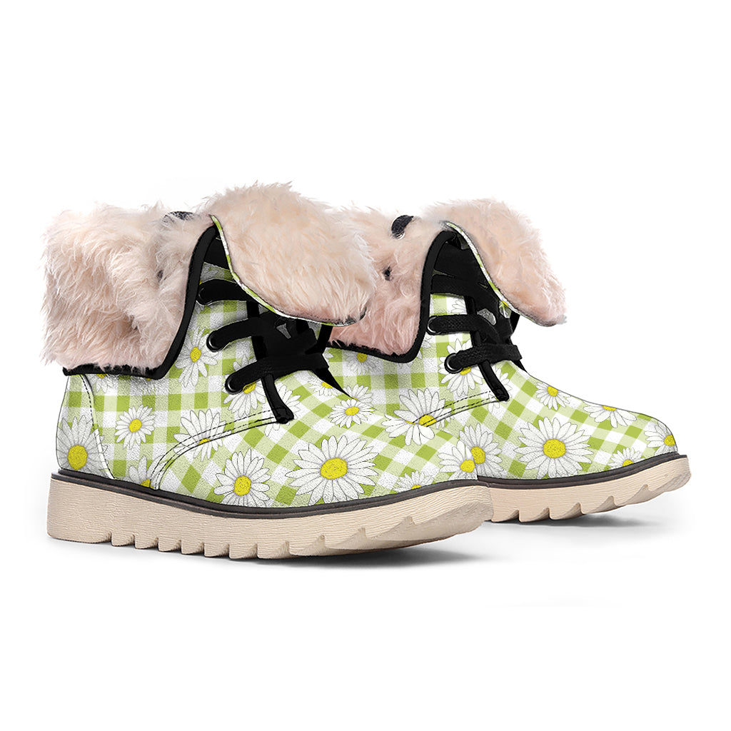 Green Tartan Daisy Pattern Print Winter Boots