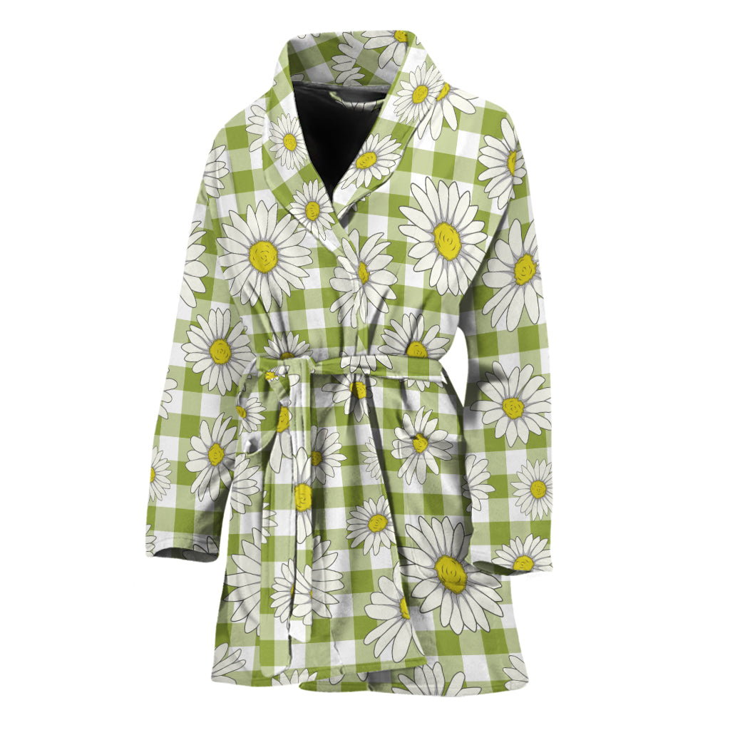 Green Tartan Daisy Pattern Print Women's Bathrobe