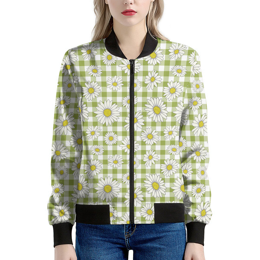 Green Tartan Daisy Pattern Print Women's Bomber Jacket