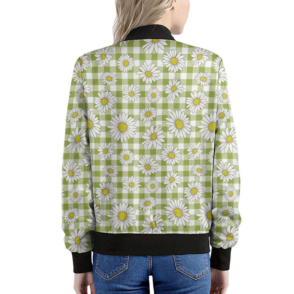 Green Tartan Daisy Pattern Print Women's Bomber Jacket