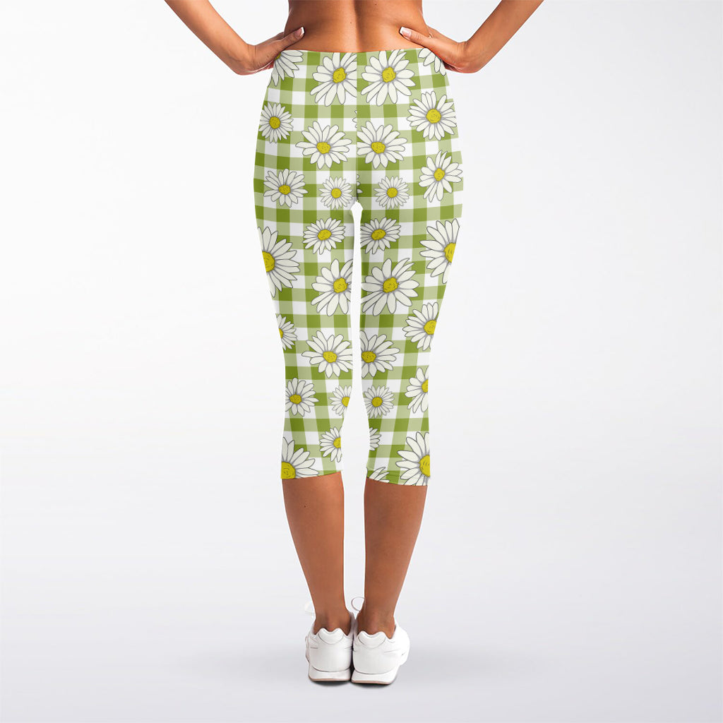 Green Tartan Daisy Pattern Print Women's Capri Leggings
