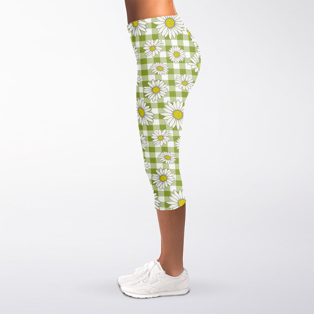 Green Tartan Daisy Pattern Print Women's Capri Leggings