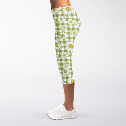 Green Tartan Daisy Pattern Print Women's Capri Leggings