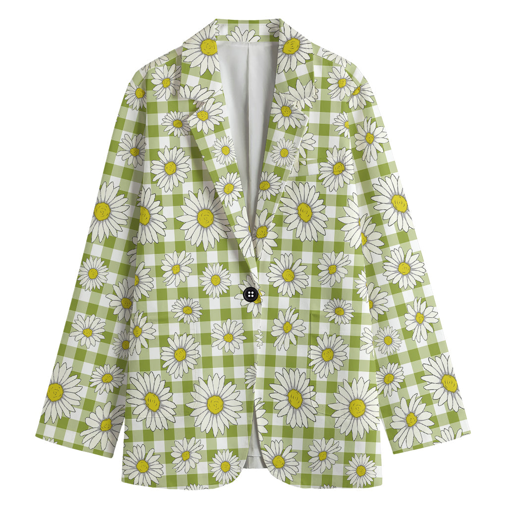 Green Tartan Daisy Pattern Print Women's Cotton Blazer