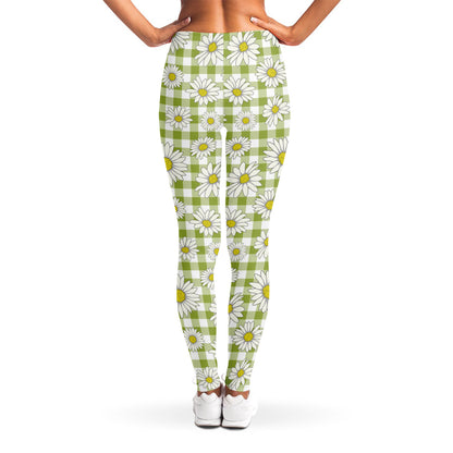 Green Tartan Daisy Pattern Print Women's Leggings