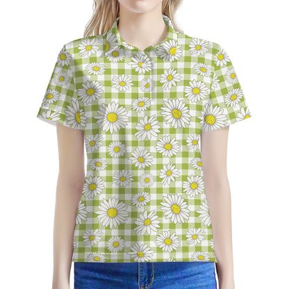 Green Tartan Daisy Pattern Print Women's Polo Shirt