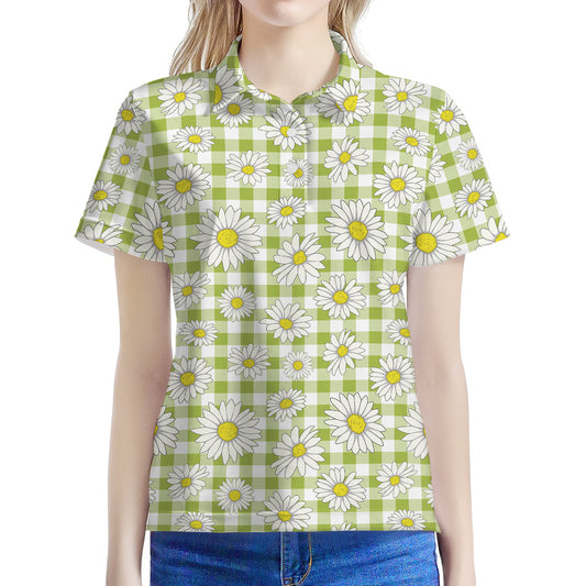 Green Tartan Daisy Pattern Print Women's Polo Shirt