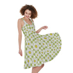 Green Tartan Daisy Pattern Print Women's Sleeveless Dress