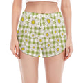 Green Tartan Daisy Pattern Print Women's Split Running Shorts