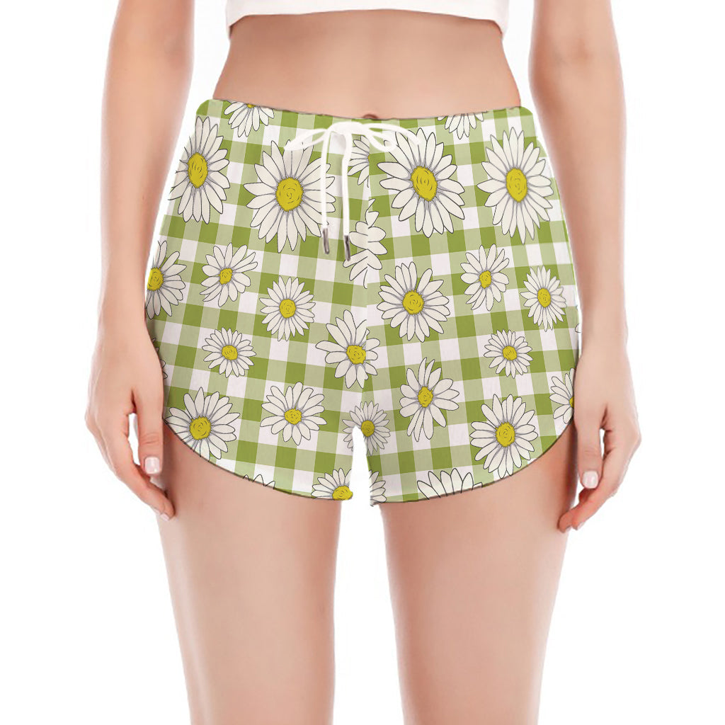 Green Tartan Daisy Pattern Print Women's Split Running Shorts