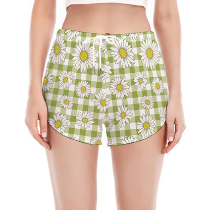 Green Tartan Daisy Pattern Print Women's Split Running Shorts