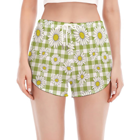 Green Tartan Daisy Pattern Print Women's Split Running Shorts