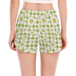 Green Tartan Daisy Pattern Print Women's Split Running Shorts