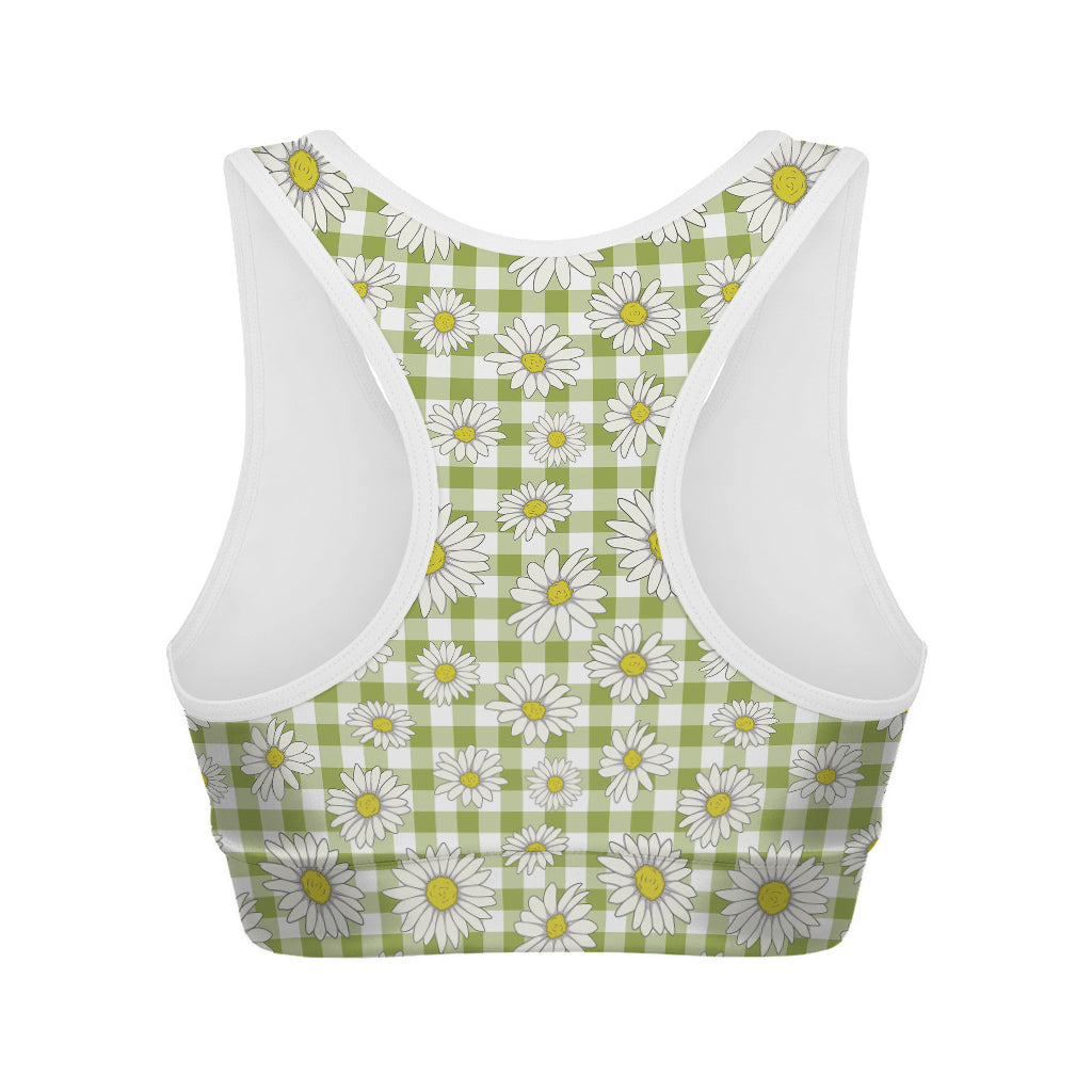 Green Tartan Daisy Pattern Print Women's Sports Bra