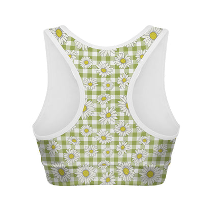 Green Tartan Daisy Pattern Print Women's Sports Bra