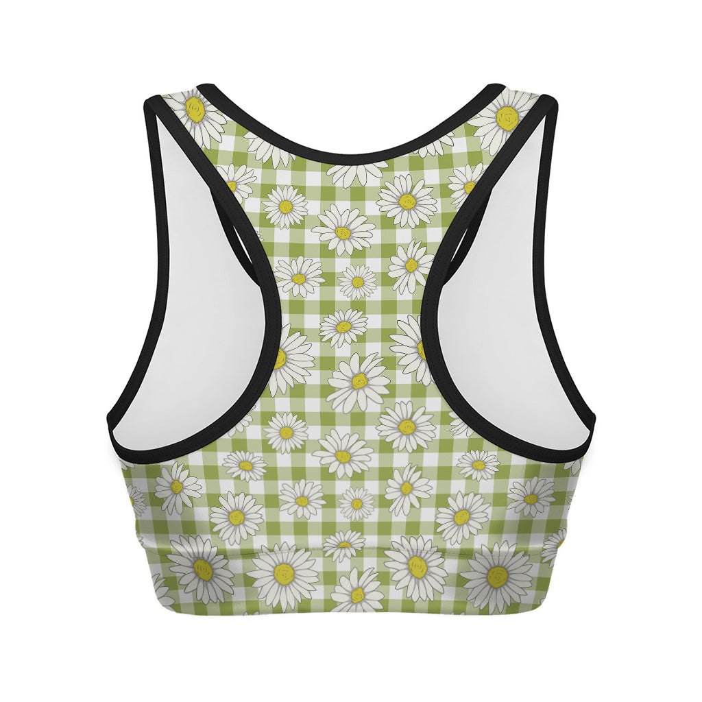 Green Tartan Daisy Pattern Print Women's Sports Bra