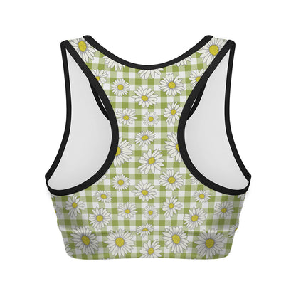 Green Tartan Daisy Pattern Print Women's Sports Bra
