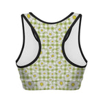 Green Tartan Daisy Pattern Print Women's Sports Bra