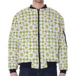 Green Tartan Daisy Pattern Print Zip Sleeve Bomber Jacket