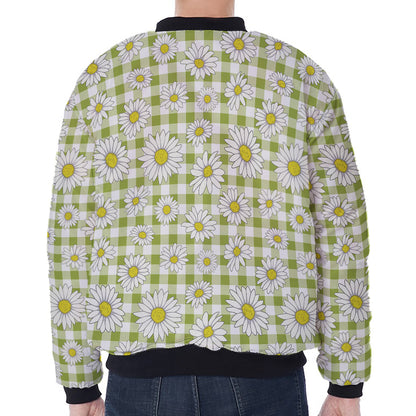 Green Tartan Daisy Pattern Print Zip Sleeve Bomber Jacket