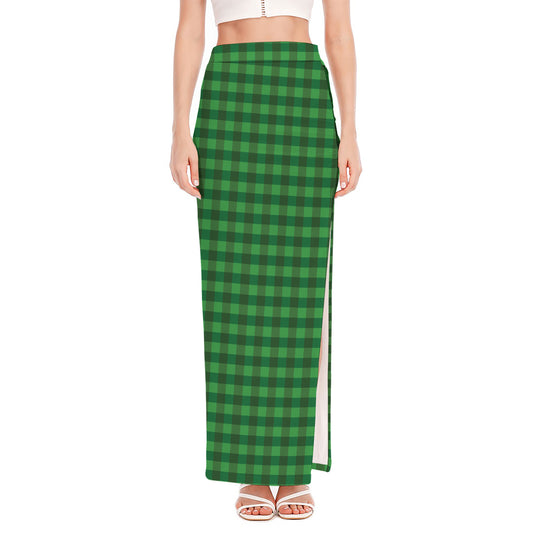 Green Tartan Saint Patrick's Day Print High Slit Maxi Skirt