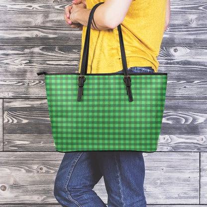 Green Tartan Saint Patrick's Day Print Leather Tote Bag