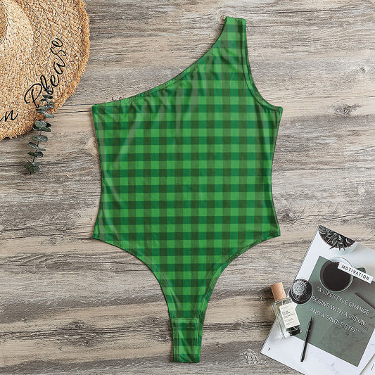 Green Tartan Saint Patrick's Day Print One Shoulder Bodysuit