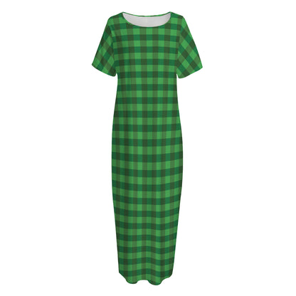 Green Tartan Saint Patrick's Day Print Short Sleeve Long Nightdress