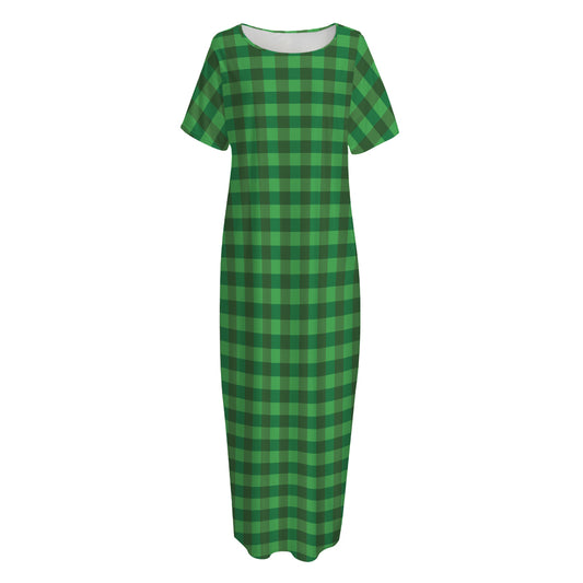 Green Tartan Saint Patrick's Day Print Short Sleeve Long Nightdress