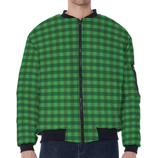Green Tartan Saint Patrick's Day Print Zip Sleeve Bomber Jacket