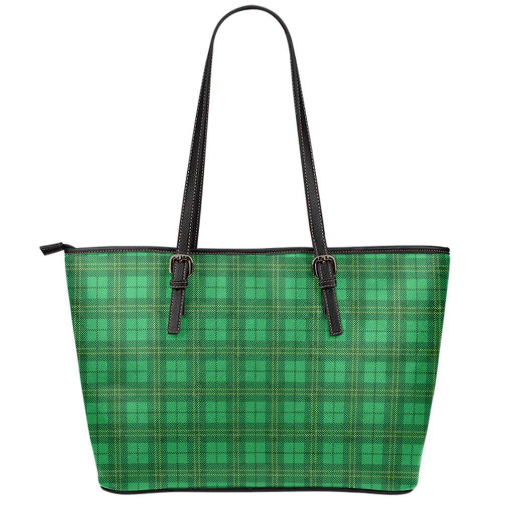 Green Tartan St. Patrick's Day Print Leather Tote Bag