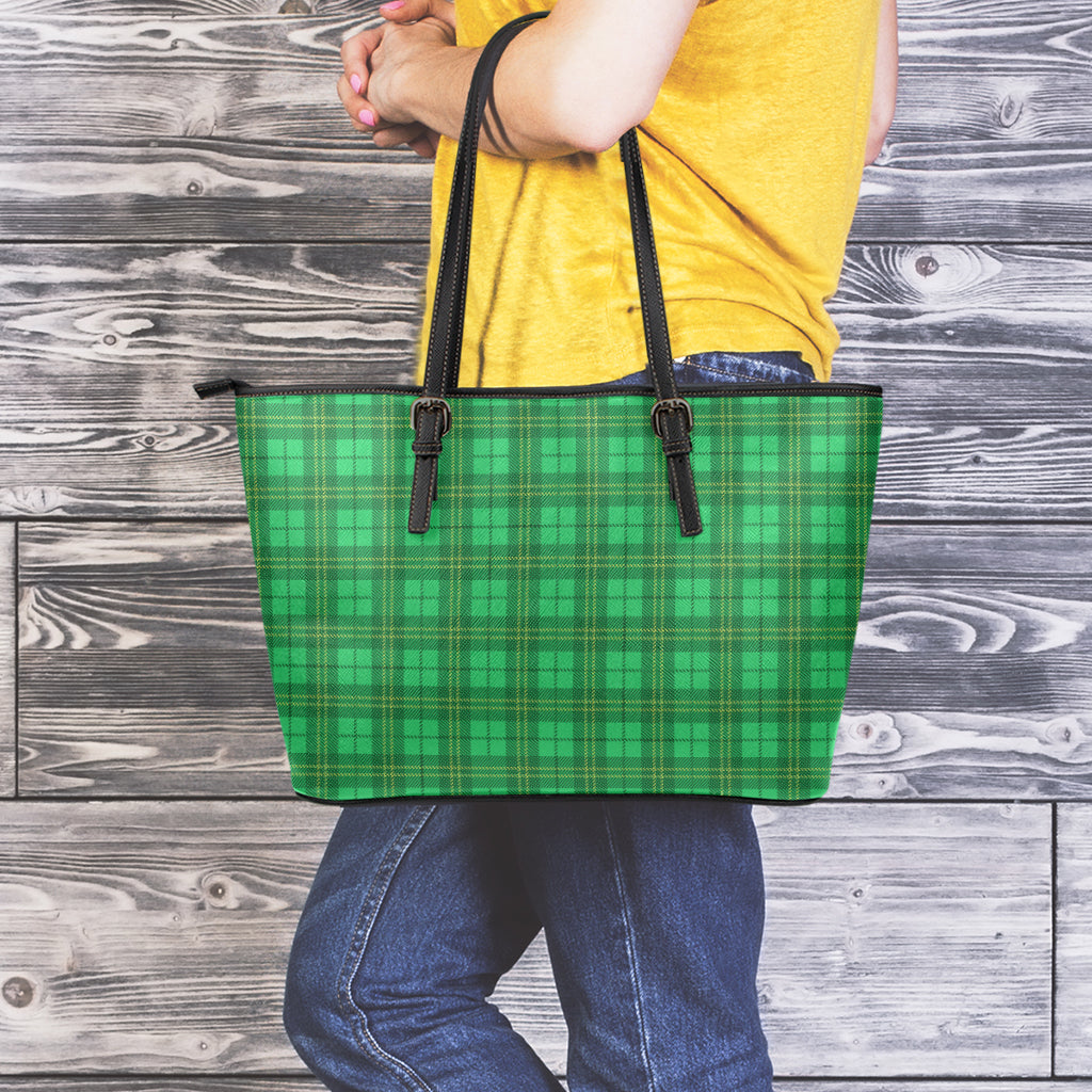 Green Tartan St. Patrick's Day Print Leather Tote Bag