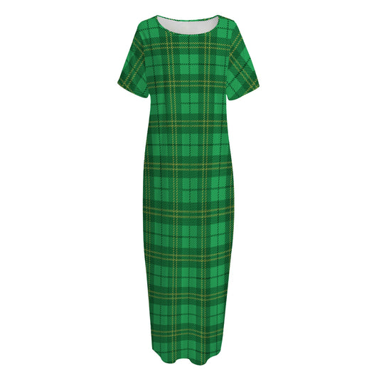 Green Tartan St. Patrick's Day Print Short Sleeve Long Nightdress