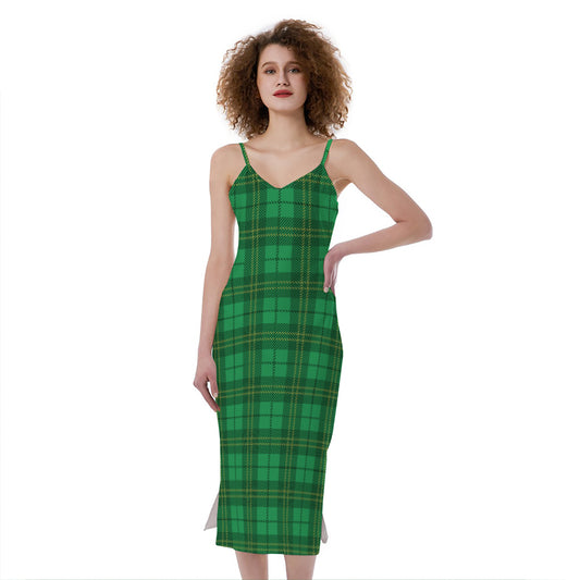 Green Tartan St. Patrick's Day Print Slim Fit Midi Cami Dress