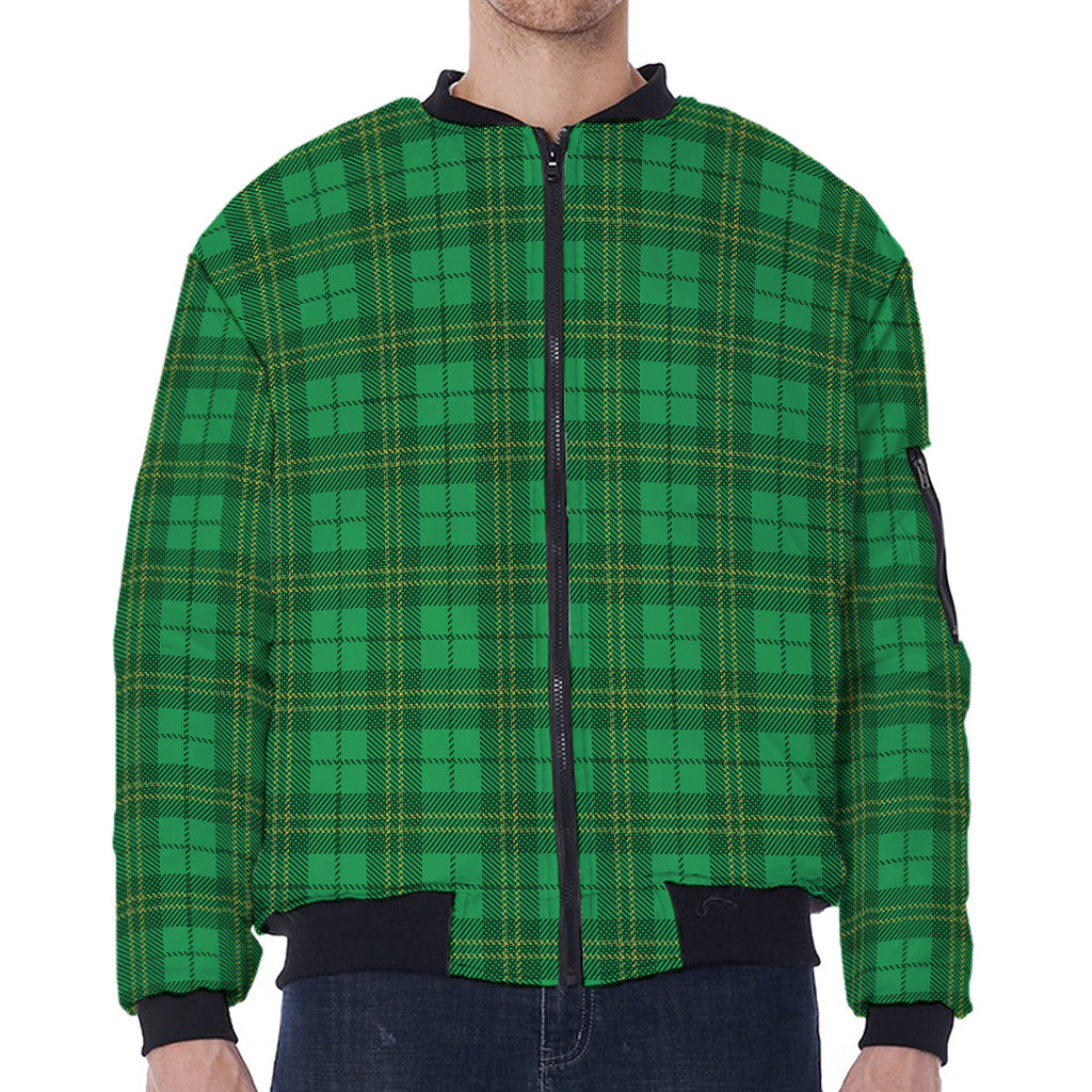 Green Tartan St. Patrick's Day Print Zip Sleeve Bomber Jacket