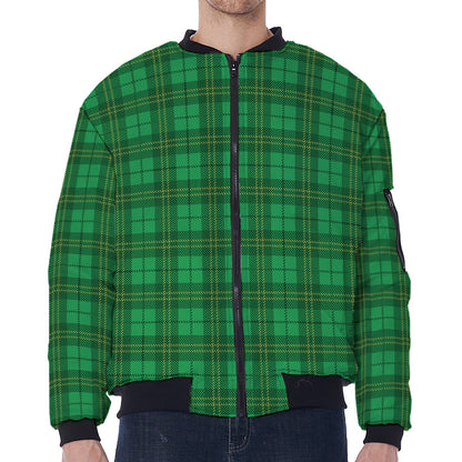 Green Tartan St. Patrick's Day Print Zip Sleeve Bomber Jacket