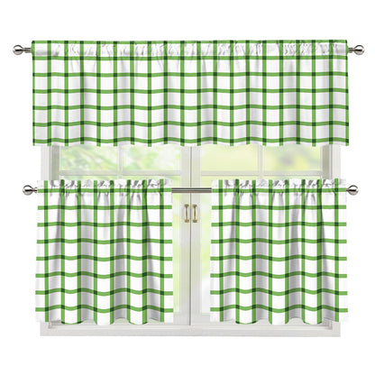 Green Tattersall Pattern Print 3 Piece Kitchen Curtains