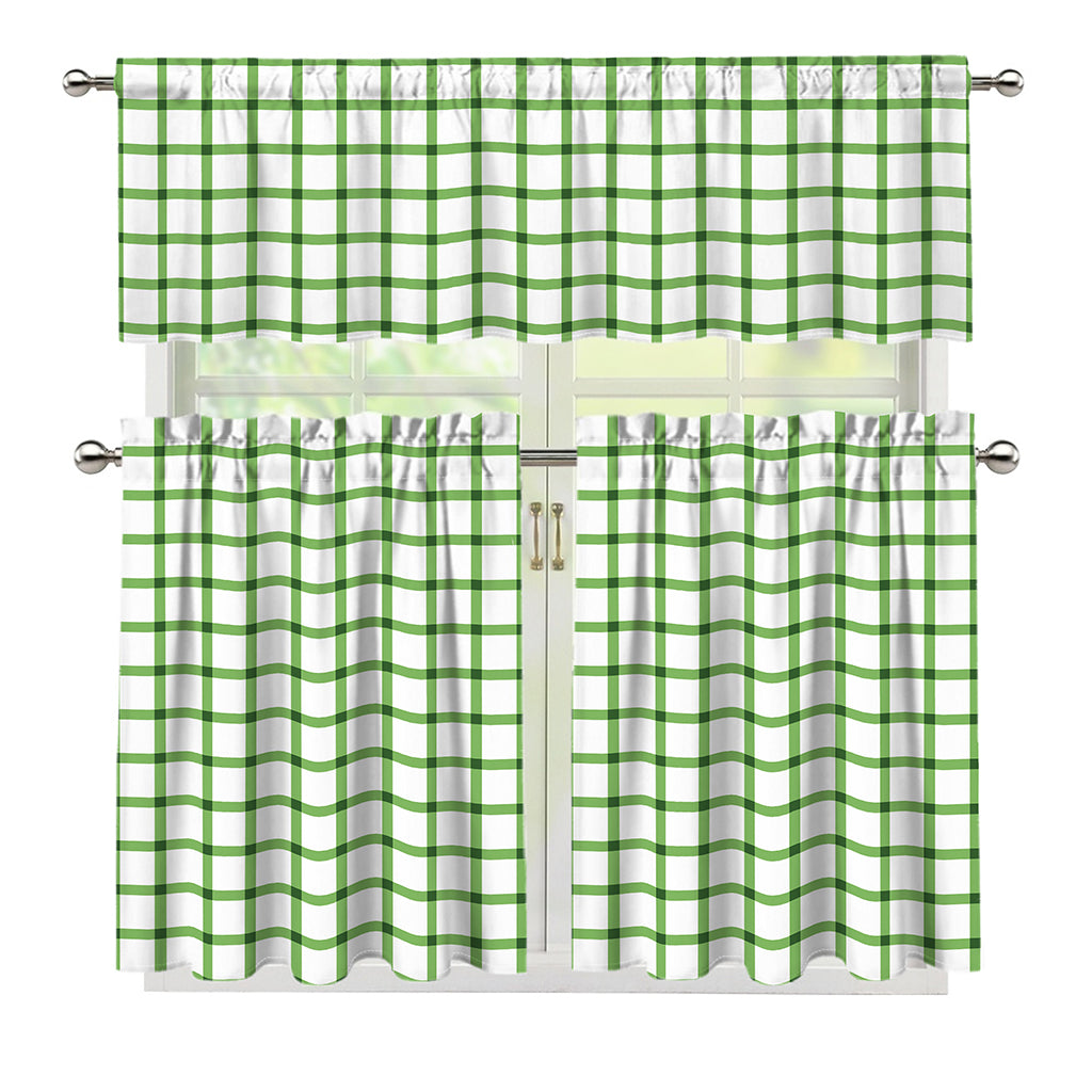 Green Tattersall Pattern Print 3 Piece Kitchen Curtains