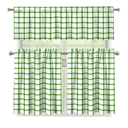 Green Tattersall Pattern Print 3 Piece Kitchen Curtains