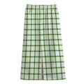Green Tattersall Pattern Print Cotton Front Slit Maxi Skirt