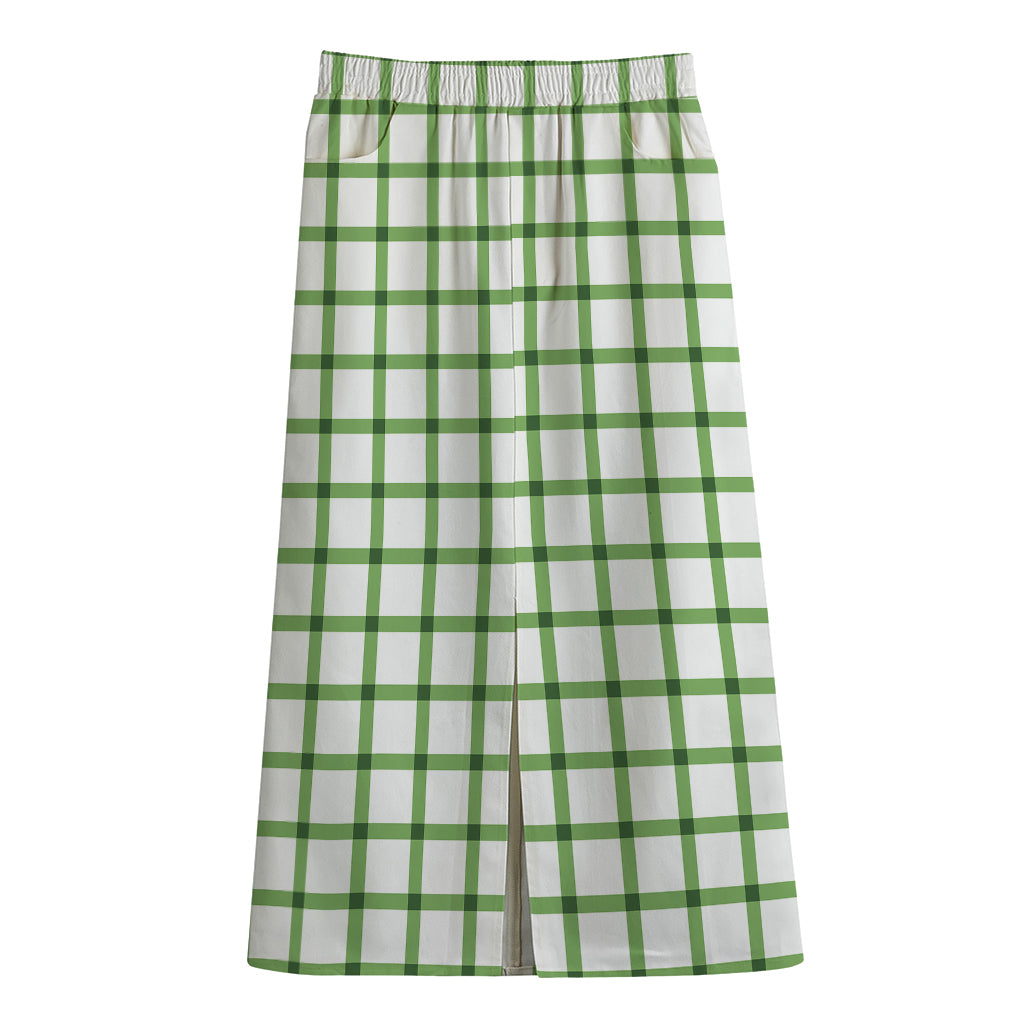 Green Tattersall Pattern Print Cotton Front Slit Maxi Skirt