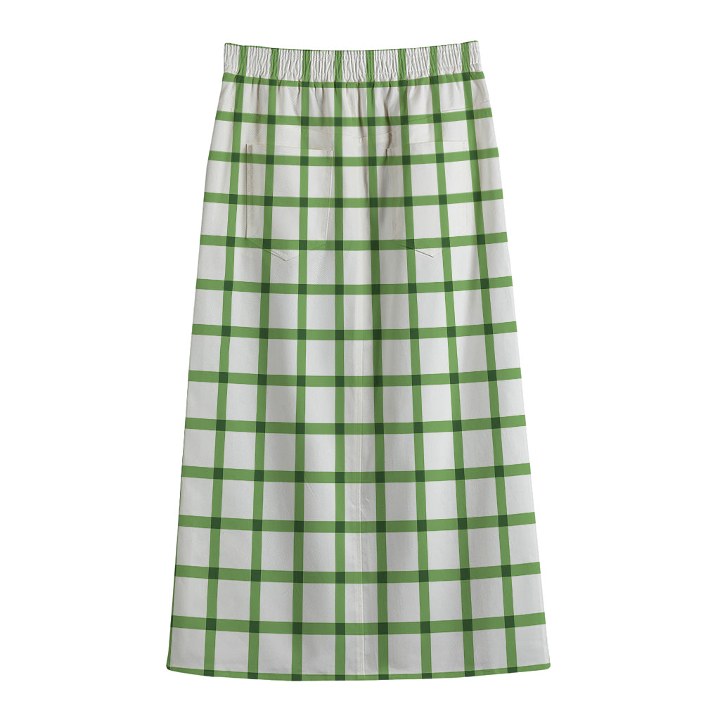 Green Tattersall Pattern Print Cotton Front Slit Maxi Skirt
