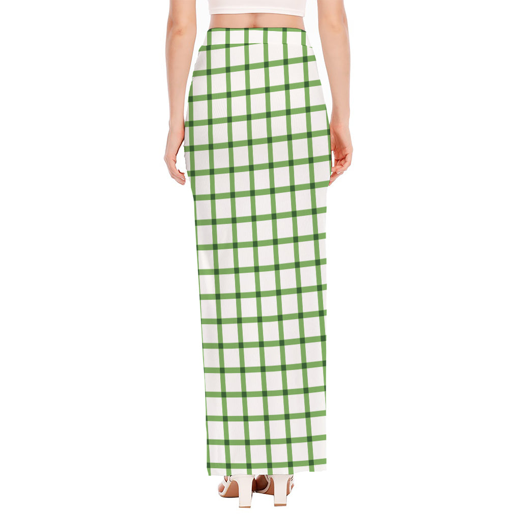 Green Tattersall Pattern Print High Slit Maxi Skirt