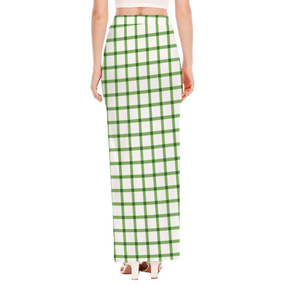 Green Tattersall Pattern Print High Slit Maxi Skirt