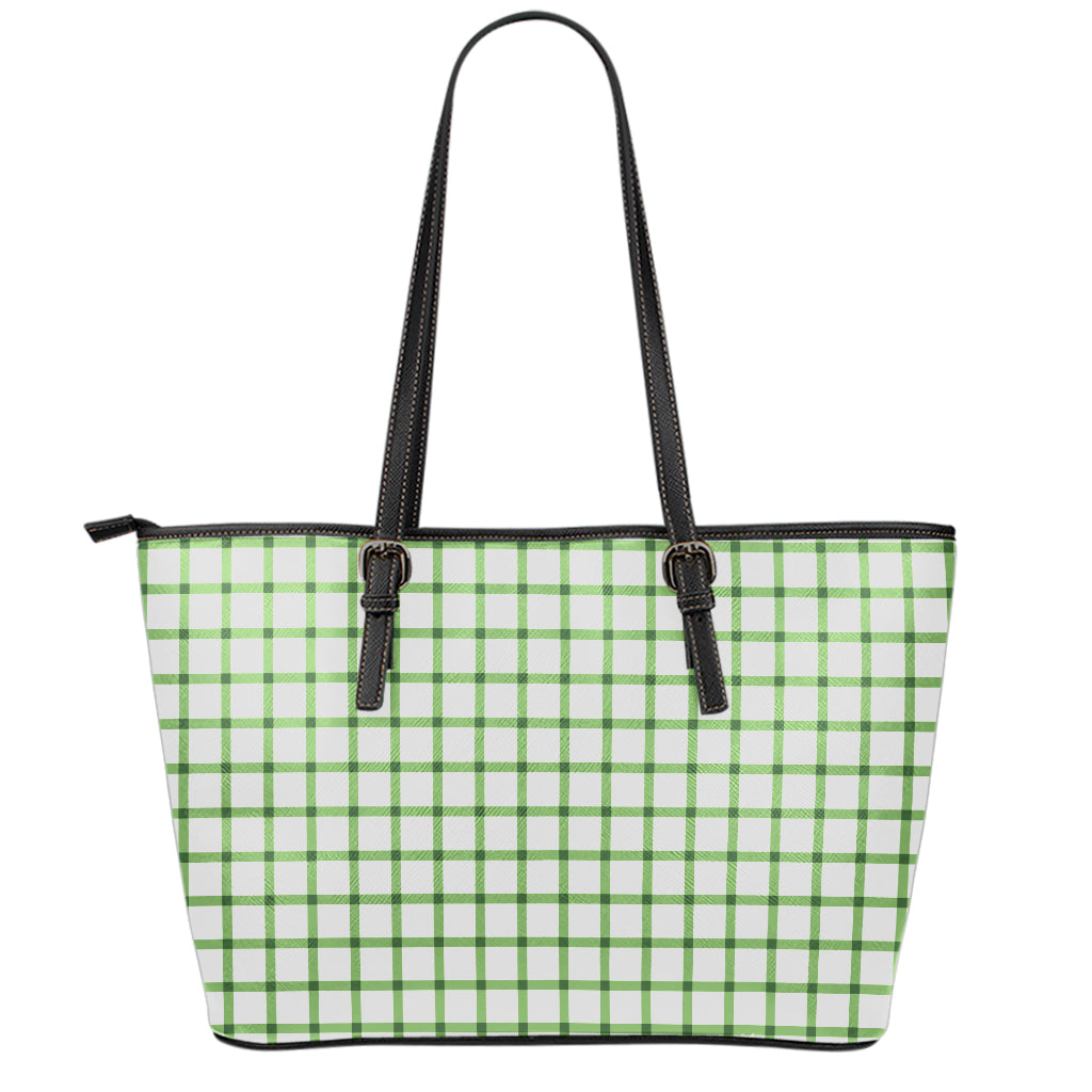 Green Tattersall Pattern Print Leather Tote Bag