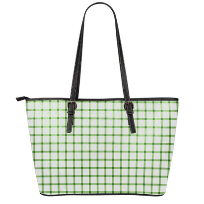 Green Tattersall Pattern Print Leather Tote Bag