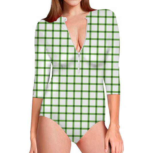Green Tattersall Pattern Print Long Sleeve Swimsuit
